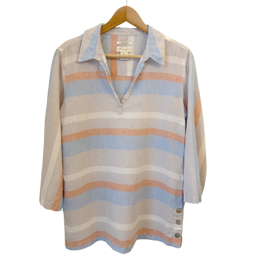 Cynthia Rowley Linen Tunic Top S Coastal Nautical Beach Blouse Blue Coral Stripe